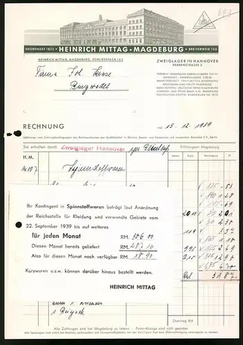Rechnung Magdeburg 1939, Heinrich Mittag, Textilwarengrosshandlung, Werksgebäude