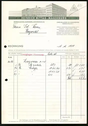 Rechnung Magdeburg 1939, Textilwarengrosshandlung Heinrich Mittag, Werksgebäude