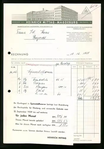 Rechnung Magdeburg 1939, Werk der Textilwarengrosshandlung Heinrich Mittag, Werksgebäude