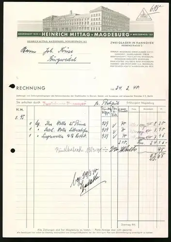 Rechnung Magdeburg 1940, Heinrich Mittag, Textilwarengrosshandel, Werksgebäude