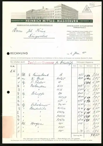 Rechnung Magdeburg 1940, Textilwarengrosshandlung Heinrich Mittag, Fabrikanlage