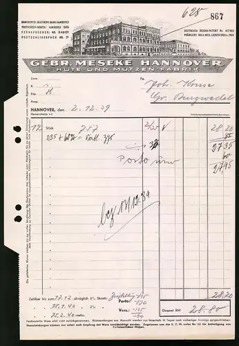 Rechnung Hannover 1939, Hüte und Mützenfabrik Gebr. Meseke, Blick auf das Werk