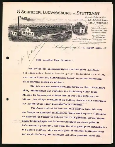 Rechnung Ludwigsburg 1913, Spezialfabrik für Geldschränke und Banktresore, Werksansicht und Verkaufshaus