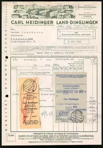 Rechnung Lahr-Dinglingen, Zigarrenfabrik Carl Heidinger, Werksansicht, Einlieferungsschein