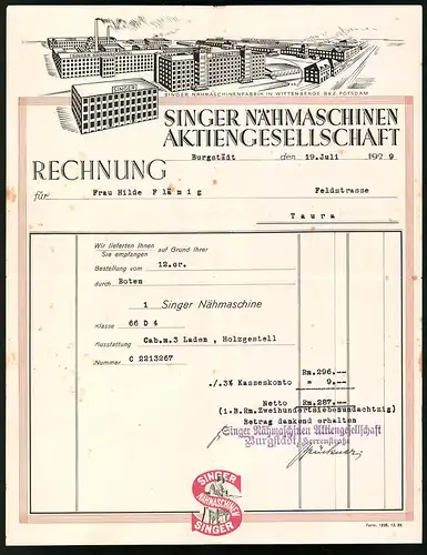 Rechnung Burgstädt 1929, Singer Nähmaschinen Aktiengesellschaft, Blick auf das Werk