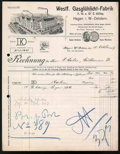 Rechnung Hagen i. W. 1907, Westfälische Gasglühlicht Fabrik F. W. u. Dr. C. Killing, Werksansicht