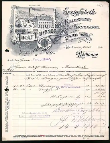 Rechnung Lahr i. B. 1910, Essigfabrik & Brantwein Brennerei Adolf Duffner, Blick auf das Werk