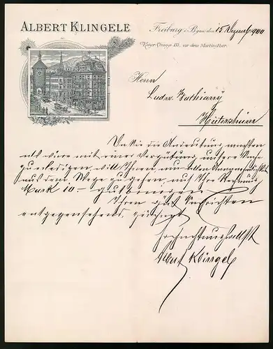 Rechnung Freiburg i. B. 1900, Blick auf das Verkaufshaus der Firma Albert Klingele