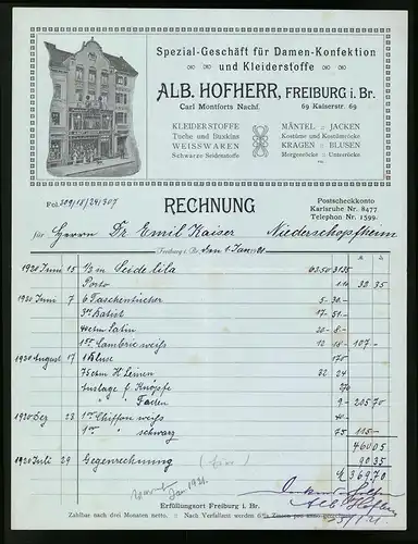 Rechnung Freiburg i. Br. 1921, Spezial Geschäfft für Damen Konfektion-Kleiderstoff, Verkaufshaus
