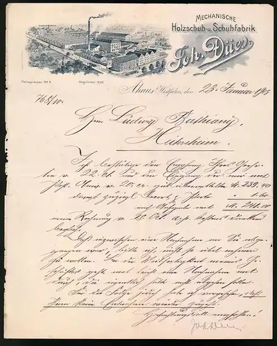 Rechnung Ahaus 1903, Holzschuh und Schuhfabrik Joh. Dües, Blick auf das Werk