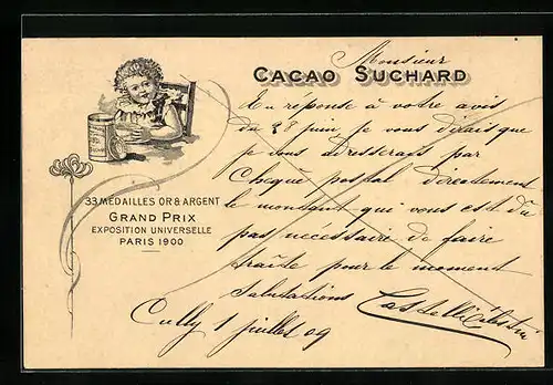 AK Chocolat Suchard, Grand Prix Exposition Universelle Paris 1900, Kind labt sich an heisser Schokolade