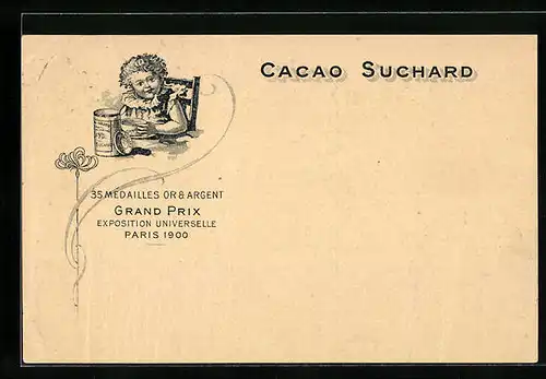 AK Chocolat Suchard, Grand Prix Exposition Universelle Paris 1900, Kind labt sich an heisser Schokolade