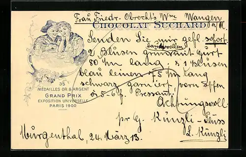 AK Chocolat Suchard, Grand Prix Exposition Universelle Paris 1900, Maid mit der Grossmutter beim Kränzchen