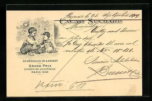 AK Chocolat Suchard, Grand Prix Exposition Universelle Paris 1900, Brüderliches teilen der Schokolade