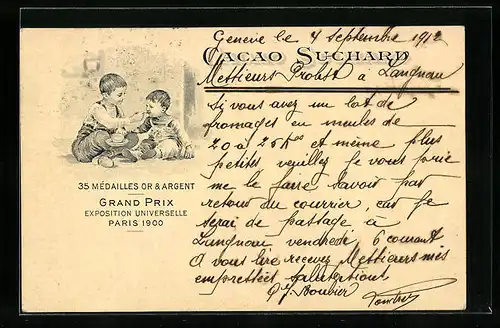AK Cacao Suchard, Grand Prix Exposition Universelle Paris 1900, Brüderliches teilen der Schokolade