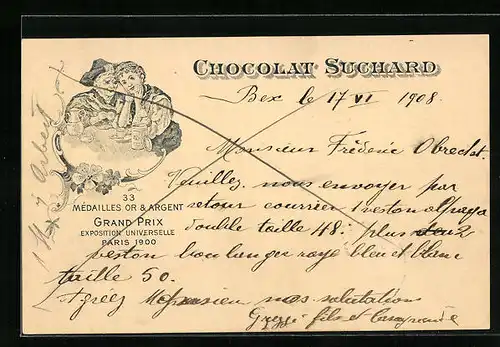 AK Chocolat Suchard, Grand Prix Exposition Universelle Paris 1900, Maid mit der Grossmutter beim Kränzchen