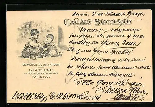 AK Cacao Suchard, Grand Prix Exposition Universelle Paris 1900, Brüderliches teilen der Schokolade