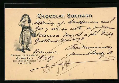 Lithographie Chocolat Suchard, Kind mit Pralinenschachtel