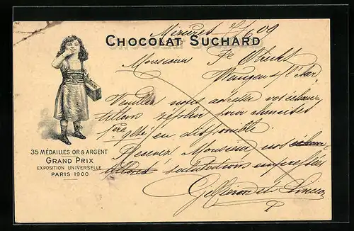 Lithographie Chocolat Suchard, Kind mit Pralinenschachtel