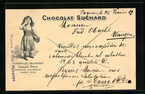 Lithographie Chocolat Suchard, Kind mit Schokolade
