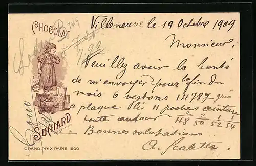 Lithographie Chocolat Suchard, Mädchen mit Handwagen voller Schokolade