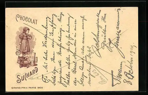 Lithographie Chocolat Suchard, Mädchen mit Handwagen voller Schokolade