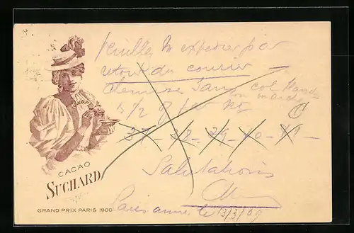 Lithographie Cacao Suchard, Feine Dame mit Teetasse