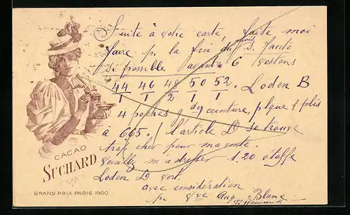 Lithographie Cacao Suchard, Feine Dame mit Teetasse