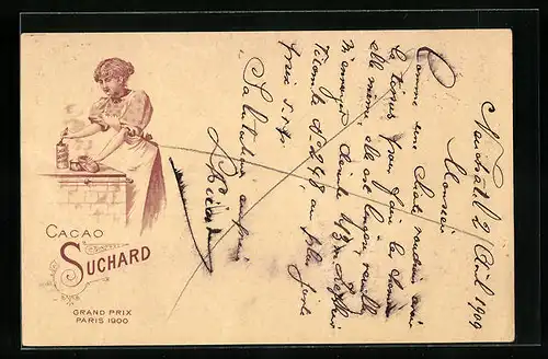 Lithographie Cacao Suchard, Hausfrau am Herd