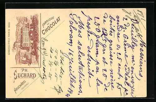 Lithographie Neuchatel, Ph. Suchard, Fabrique de Chocolat, Ganzsache