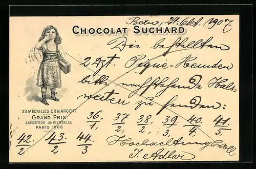 Lithographie Chocolat Suchard, Mädchen mit Schokolade