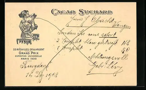 Lithographie Cacao Suchard, Dame trinkt Tasse Kakao