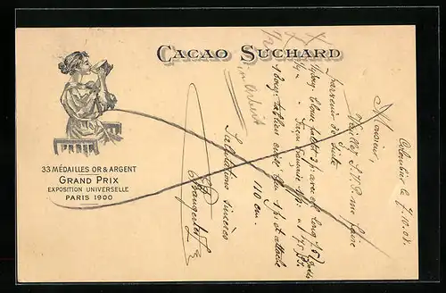 Lithographie Cacao Suchard, Dame trinkt Tasse Kakao