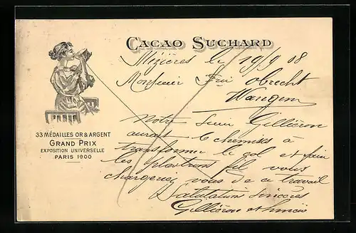 Lithographie Cacao Suchard, Dame trinkt Tasse Kakao