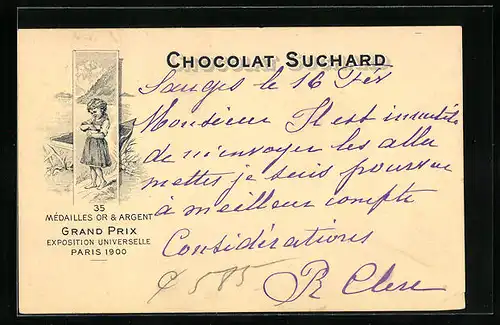 Lithographie Chocolat Suchard, Mädchen mit Schokolade am Ufer