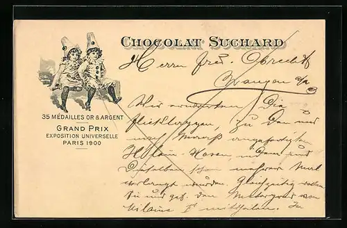 Lithographie Chocolat Suchard, Mädchen als Pierrot verkleidet