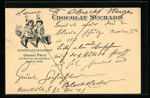 Lithographie Chocolat Suchard, Mädchen als Pierrot verkleidet