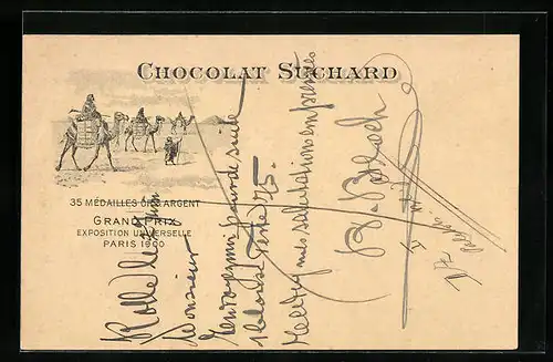 Lithographie Chocolat Suchard, Karawane mit Schokoladenfracht vor Pyramiden