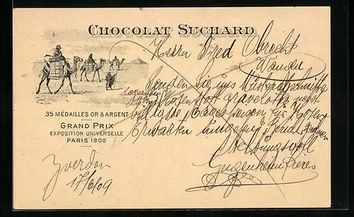 Lithographie Chocolat Suchard, Karawane mit Schokoladenfracht vor Pyramiden