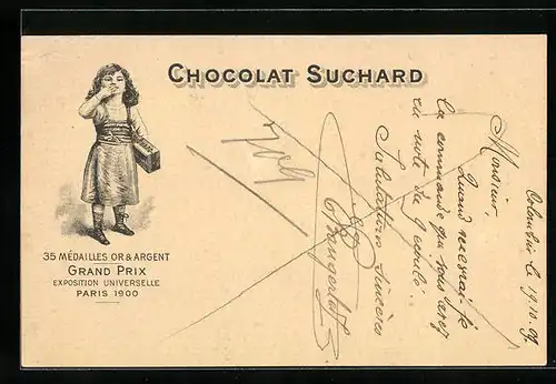 Lithographie Chocolat Suchard, Mädchen mit Pralinenschachtel