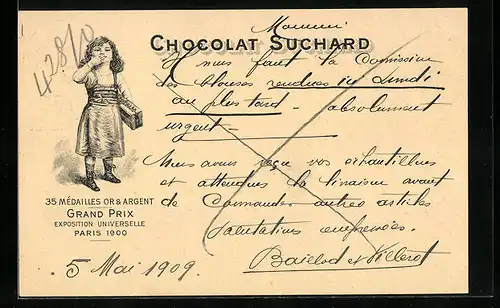 Lithographie Chocolat Suchard, Mädchen mit Pralinenschachtel