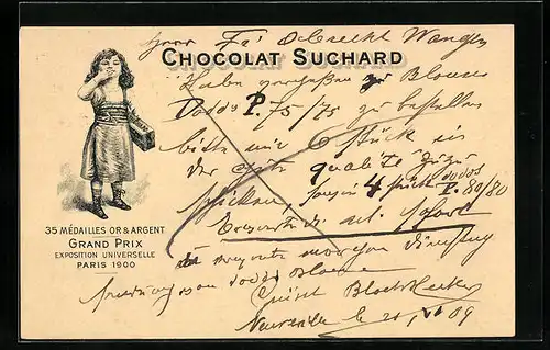 Lithographie Chocolat Suchard, Mädchen mit Pralinenschachtel