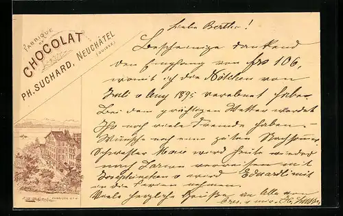 Vorläufer-Lithographie Neuchatel, 1895, Fabrique de Chocolat Ph. Suchard, Fabrique No. 4
