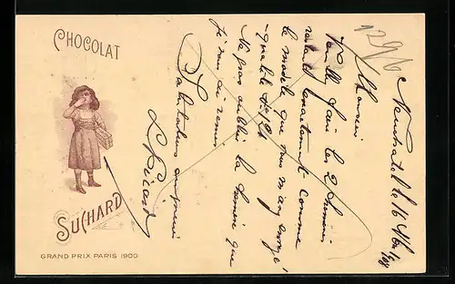 AK Reklame für Chocolat Suchard, Mädchen mit Schokolade bedankt sich mit Kusshand