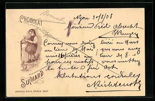 AK Reklame für Chocolat Suchard, Bäuerin füttert Hühnerküken
