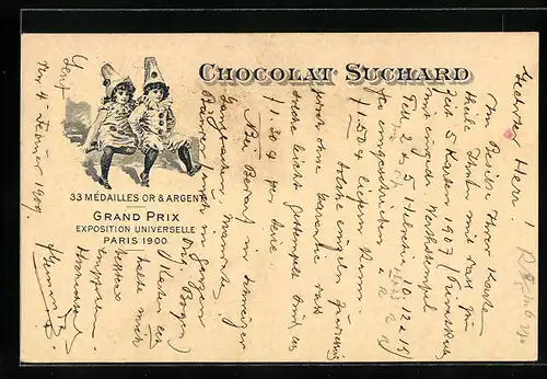 AK Reklame für Chocolat Suchard, zwei kleine Harlekine