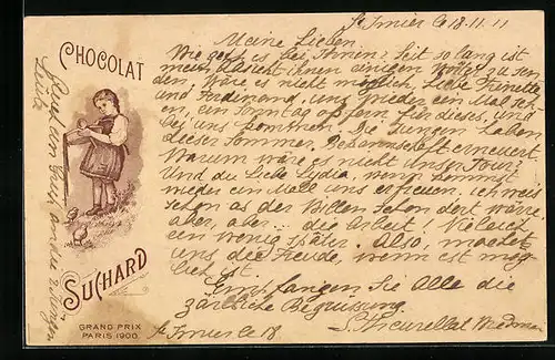 AK Reklame für Chocolat Suchard, kleine Bäuerin füttert Hühner