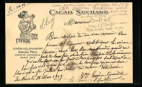 Lithographie Reklame für Cacao Suchard, hübsche Frau geniesst ihren Kakao