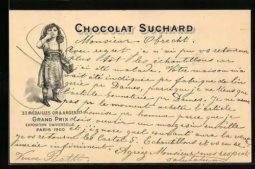 Lithographie Reklame für Chocolat Suchard, Mädchen mit Kusshand als Dank für Schokolade