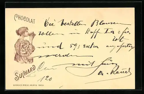 AK Reklame für Chocolat Suchard, Mädchen geniesst eine Tasse Kakao